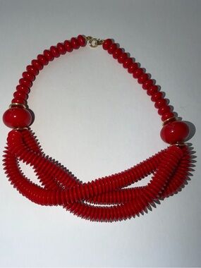 Fabulous Vintage Trifari Red & Gold-Tone Triple Strand Twisted Beaded Necklace